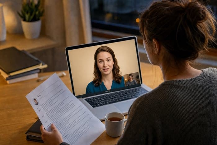 Candidate in a live practice interview — the AI interviewer on the laptop screen, with the candidate's own camera view in the corner
